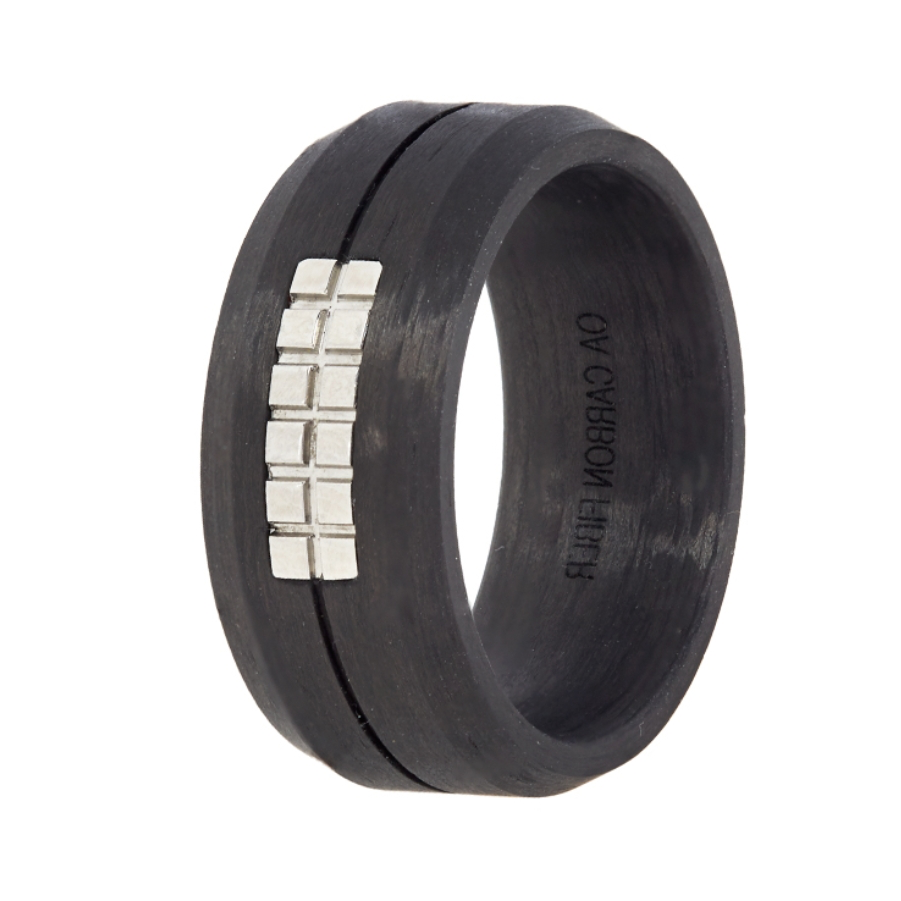 Black carbon fiber with silver design wedding band (8mm)