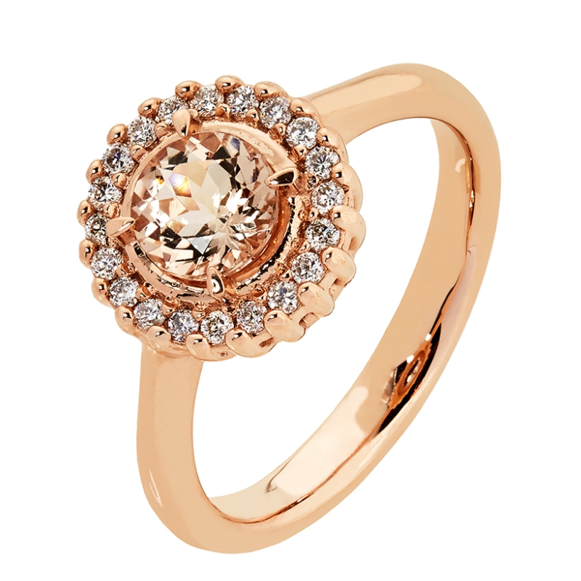 9Kr Rose Gold Morganite & Diamond ring - round (6mm)