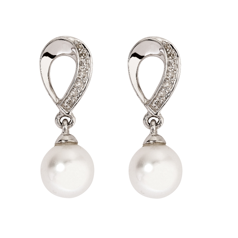 9Kt white Gold Diamond & white fresh water Pearl drop earrings (0.03ct)